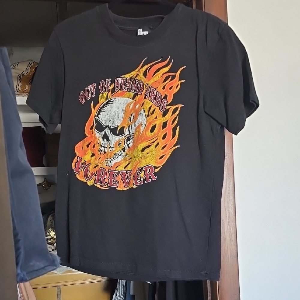 The KOOPLES Black Graphic Tee with Skull and Flames